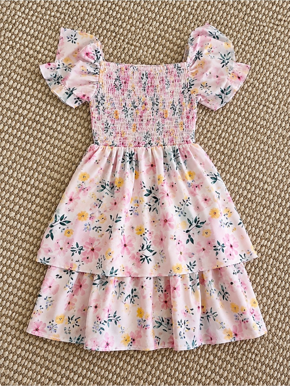Girls Pink Floral Smocked Dress - Fits 6/7 | Flutter Sleeve Summer Dress
